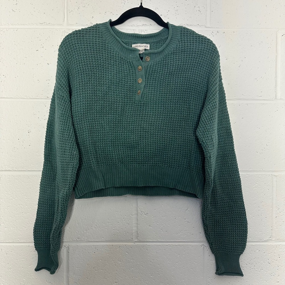 Aeropostale Womens teal Green Waffle‎ Knit Cropped roll neck Sweater Medium